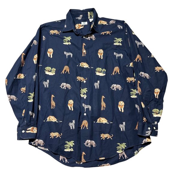 Maus & Hoffman Mens XL Long Sleeve Safari Print Button-Up Shirt 100% Cotton Navy - Picture 1 of 8